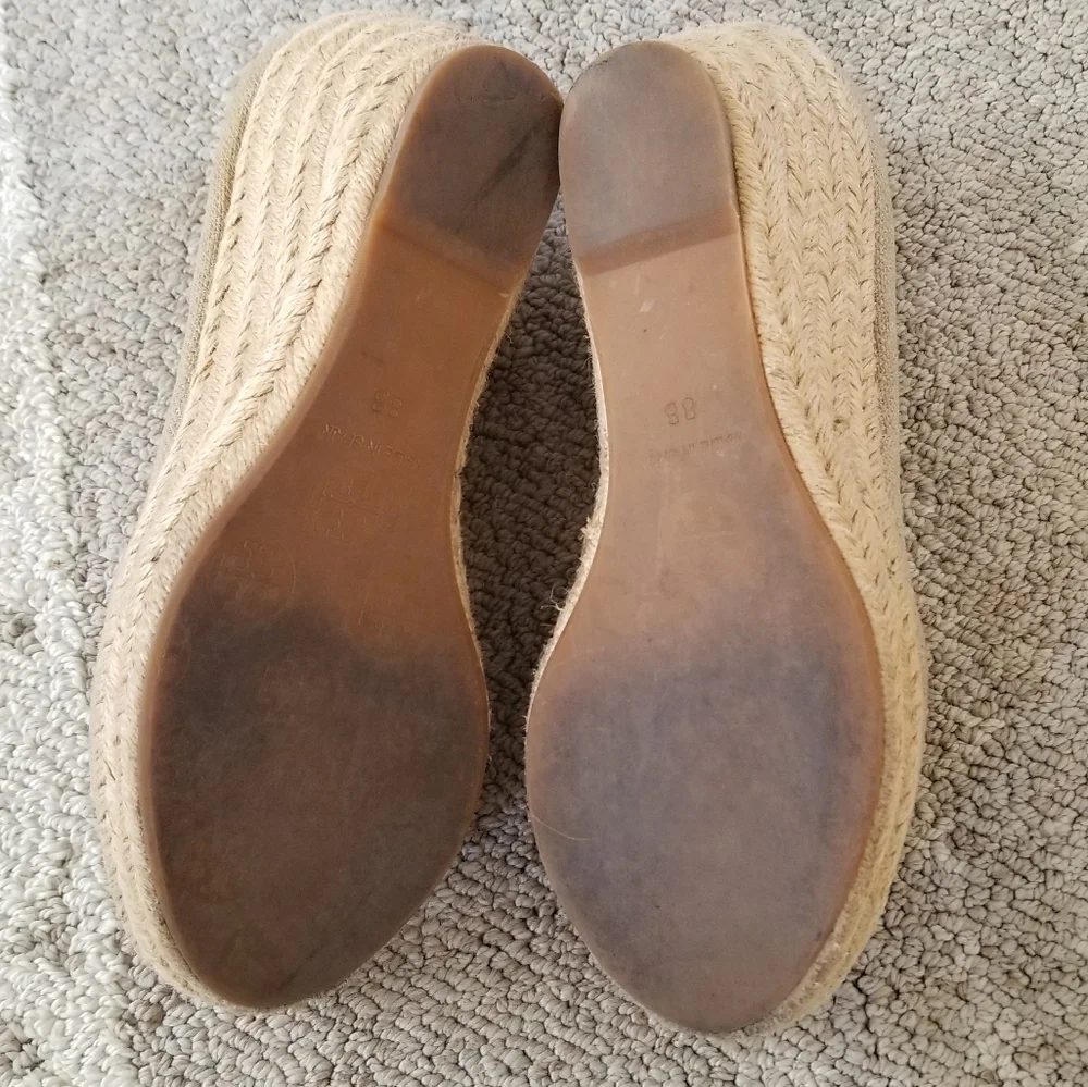 Tory Burch Beige Canvas Peep-Toe Espadrille Wedges with Bow
